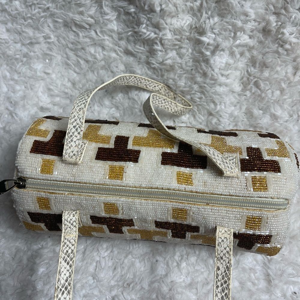 Eswanny beaded Brown,gold &beige satchel faux leather reptile print straps - Picture 11 of 16